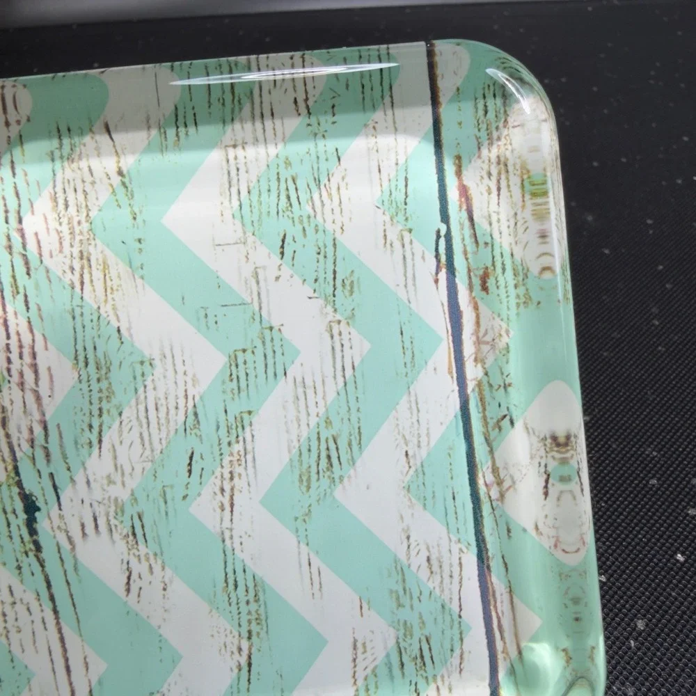 Mint Green Chevron‎ Glass Trinket Dish Square Decorative Jewelry Paperweight VTG